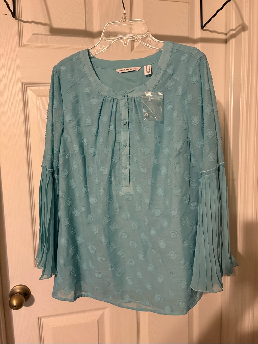 Women’s Light Blue Pleated Sleeve Blouse - Brand: Isaac Mizrahi Live